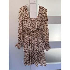 Boho Hailey & Co Floral Smocked Waist Tiered Ruffle Mini Dress Cream Brown Small